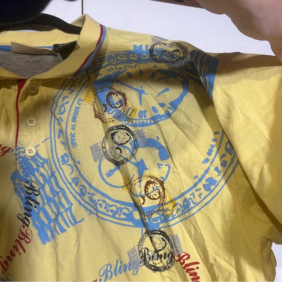 Y2K Paco Jeans Printed Polo Shirt Bling Bling Bling Yellow Red Blue Size 3X - Picture 9 of 11